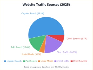 A pie chart showing the website traffic sources including organic search, paid search, social media, direct traffic, and other sources
